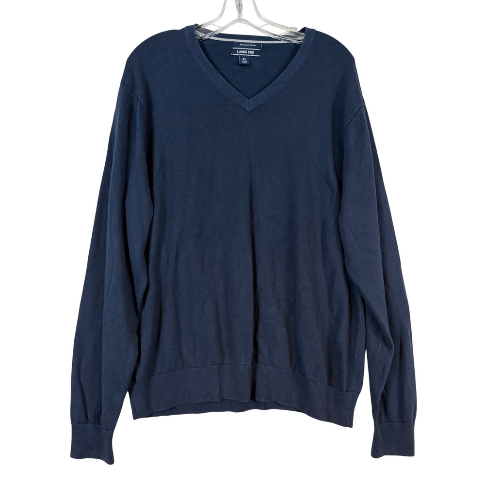Lands End Mens XL Navy Blue V-Neck Sweater 100% Supima‎ Cotton Pullover Classic
